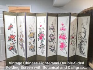 Vintage-Chinese-Eight-Panel-Double-Sided-Folding-Screen-with-Botanical-and-Calligraphy-Motifs