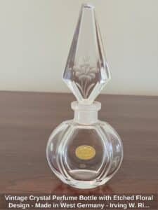Vintage-Crystal-Perfume-Bottle-with-Etched-Floral-Design-Made-in-West-Germany-Irving-W.-Rice-Co
