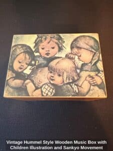 Vintage-Hummel-Style-Wooden-Music-Box-with-Children-Illustration-and-Sankyo-Movement