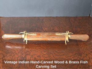 Vintage-Indian-Hand-Carved-Wood-Brass-Fish-Carving-Set