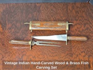 Vintage-Indian-Hand-Carved-Wood-Brass-Fish-Carving-Set-third-image