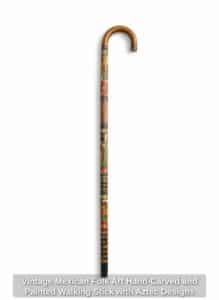 Vintage-Mexican-Folk-Art-Hand-Carved-and-Painted-Walking-Stick-with-Aztec-Designs