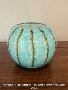 Vintage-Tiger-Stripe-Teal-and-Brown-Art-Glass-Vase