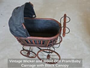 Vintage-Wicker-and-Wood-Doll-Pram-or-Baby-Carriage-with-Black-Canopy
