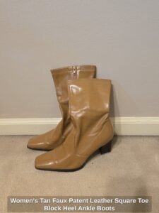Womens-Tan-Faux-Patent-Leather-Square-Toe-Block-Heel-Ankle-Boots