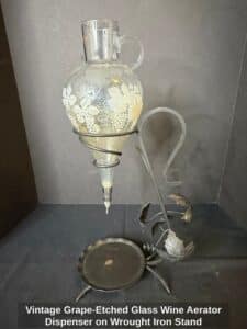 Vintage-Grape-Etched-Glass-Wine-Aerator-Dispenser-on-Wrought-Iron-Stand