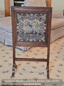 Victorian-Needlepoint-Fire-Screen-with-Griffin-and-Wolf-Motif