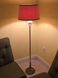 Vintage-Art-Nouveau-Style-Floor-Lamp-with-Frosted-Glass-Shade-and-Red-Fabric-Shade