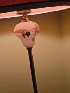 Vintage-Art-Nouveau-Style-Floor-Lamp-with-Frosted-Glass-Shade-and-Red-Fabric-Shade-second-image