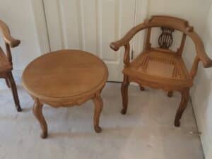 Vintage-Lyre-Back-Cane-Seat-Arm-Chair-and-Round-Side-Table-Set