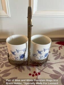Pair-of-Blue-and-White-Porcelain-Mugs-in-a-Brass-Holder-Specially-Made-For-Leonard-Silver