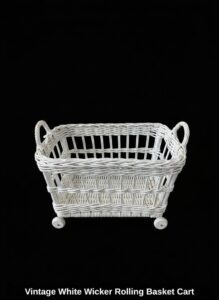 Vintage-White-Wicker-Rolling-Basket-Cart