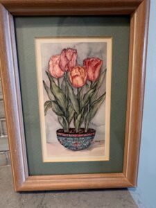 Watercolor-Painting-of-Tulips-in-a-Decorative-Pot