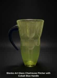 Blenko-Art-Glass-Chartreuse-Pitcher-with-Cobalt-Blue-Handle-1