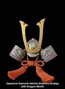 Japanese-Samurai-Helmet-Kabuto-Display-with-Dragon-Motifs