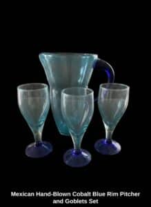 Mexican-Hand-Blown-Cobalt-Blue-Rim-Pitcher-and-Goblets-Set