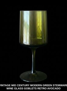 VINTAGE-MID-CENTURY-MODERN-GREEN-STEMWARE-WINE-GLASS-GOBLETS-RETRO-AVOCADO