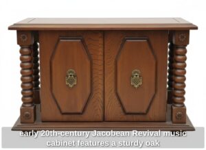 early-th-century-Jacobean-Revival-music-cabinet-features-a-sturdy-oak-construction-with-distinctive-spiral-turned-legs-and-ornate-brass-hardware