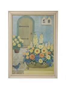Framed-Print-of-a-Courtyard-with-Flowers-and-a-Pigeon