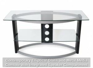 Contemporary-Elliptical-Glass-and-Metal-Media-Console-with-Integrated-Speaker-Compartment