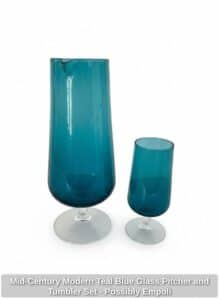 Mid-Century-Modern-Teal-Blue-Glass-Pitcher-and-Tumbler-Set-Possibly-Empoli