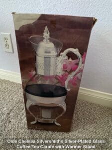 Olde-Chelsea-Silversmiths-Silver-Plated-Glass-Coffee-or-Tea-Carafe-with-Warmer-Stand