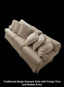 Traditional-Beige-Damask-Sofa-with-Fringe-Trim-and-Rolled-Arms