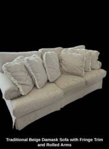 Traditional-Beige-Damask-Sofa-with-Fringe-Trim-and-Rolled-Arms-second-image