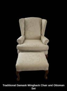 Traditional-Damask-Wingback-Chair-and-Ottoman-Set