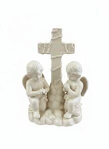 Vintage-Iridescent-Porcelain-Cherub-and-Cross-Figurine