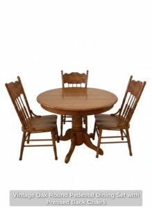 Vintage-Oak-Round-Pedestal-Dining-Set-with-Pressed-Back-Chairs