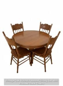 Vintage-Oak-Round-Pedestal-Dining-Set-with-Pressed-Back-Chairs-third-image