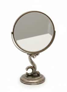 Vintage-Silver-Plated-Tabletop-Vanity-Mirror-with-Scrollwork-Pedestal