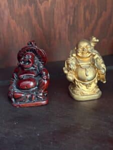 Pair-of-Miniature-Budai-Figural-Statues-Red-Resin-and-Gold-Tone-Metal