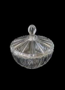 Vintage-Anchor-Hocking-Old-Cafe-Clear-Pressed-Glass-Covered-Candy-Dish