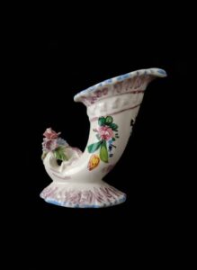 Vintage-Italian-Ceramic-Hand-Painted-Cornucopia-Vase-with-Applied-Flowers