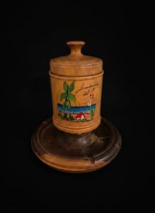 Vintage-Jamaican-Hand-Painted-Wooden-Lidded-Jar-and-Ashtray-Set