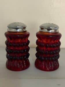 Mid-Century-Ruby-Red-Hobnail-Salt-and-Pepper-Shakers
