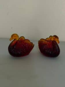 Pair-of-Viking-Glass-Amberina-Swan-Dishes