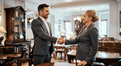 A man and a woman in suits shake hands amongst a room filled with antique furniture.