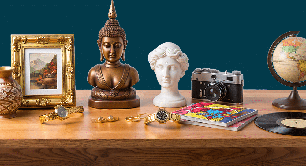 A variety of high value items sit on a table- a marble bust, watches, jewelry, gold picture frame, a globe, a record.